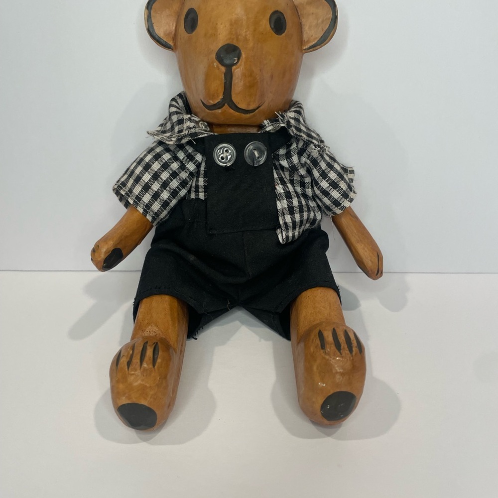 Vintage Wooden Bear Figurine with Checkered Shirt